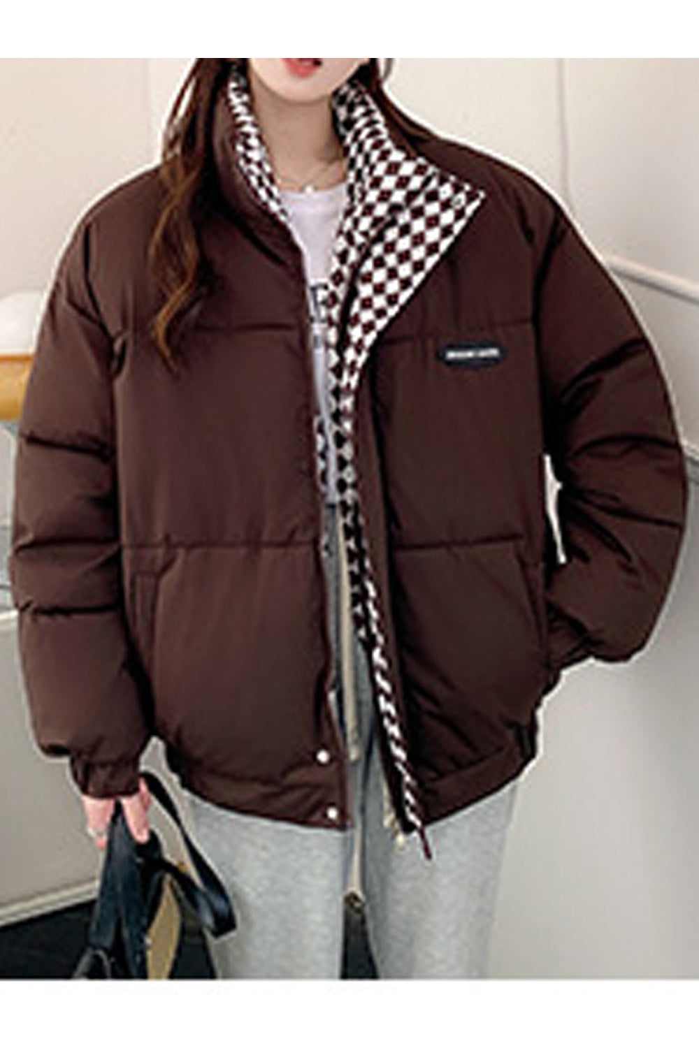 Women Restful Stand Collar Long Sleeve Zipper Closure Comfy Side Pockets Warm Padded Jacket