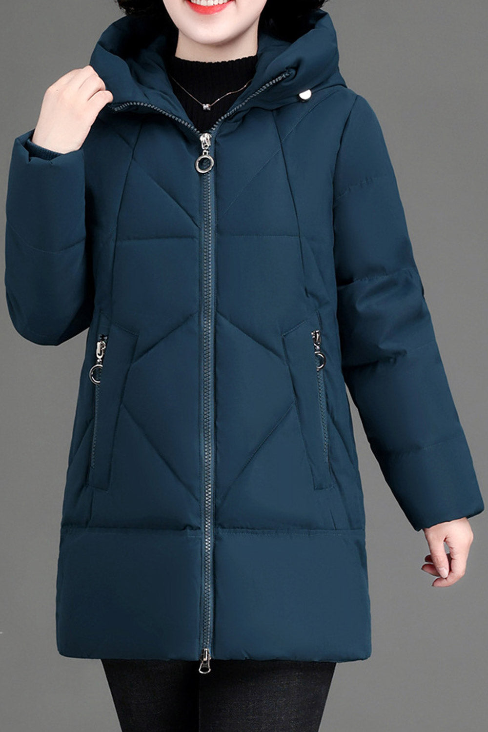 Women Fashionable Designed Hooded Neck Side Pockets Zip Closure Warm Winter Padded Jacket