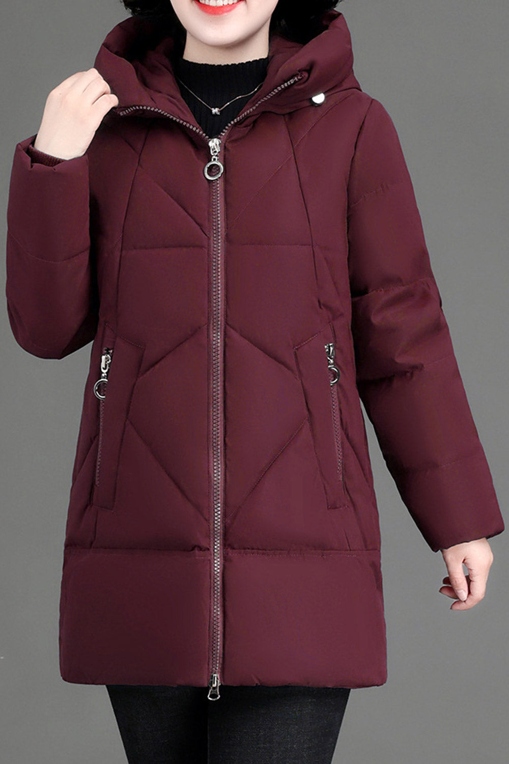 Women Fashionable Designed Hooded Neck Side Pockets Zip Closure Warm Winter Padded Jacket