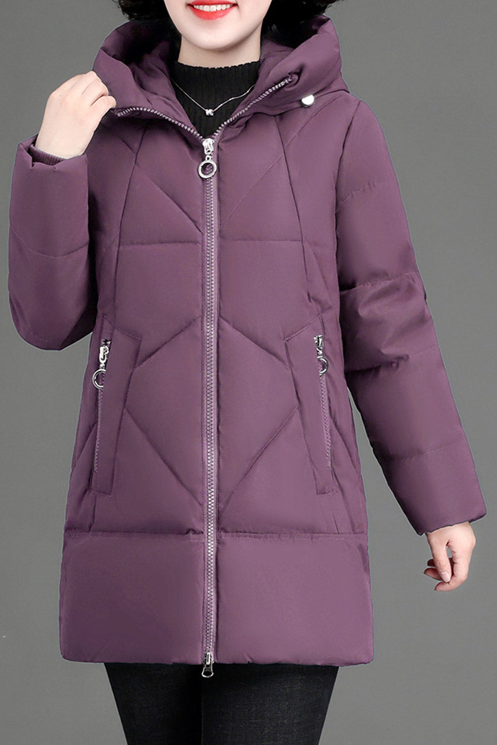 Women Fashionable Designed Hooded Neck Side Pockets Zip Closure Warm Winter Padded Jacket