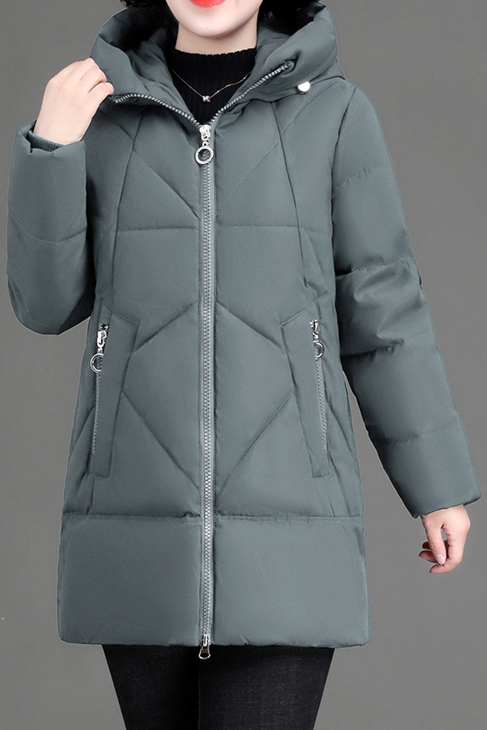 Women Fashionable Designed Hooded Neck Side Pockets Zip Closure Warm Winter Padded Jacket