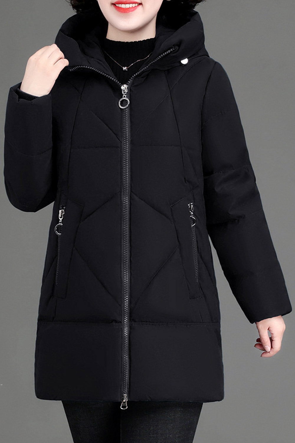 Women Fashionable Designed Hooded Neck Side Pockets Zip Closure Warm Winter Padded Jacket