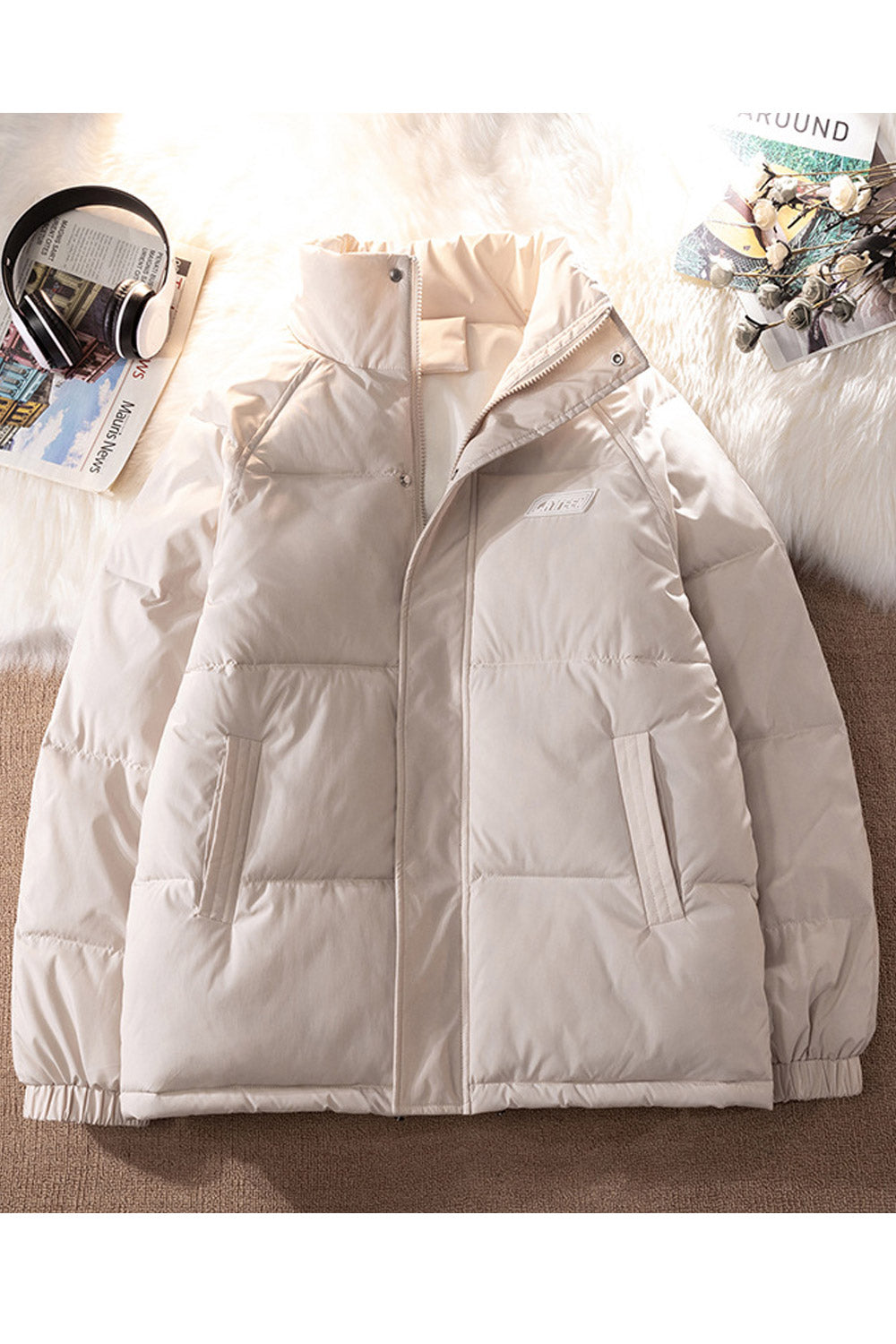 Women Cozy Standup Collar Side Pockets Zip Closure Warm & Thick Winter Padded Jacket