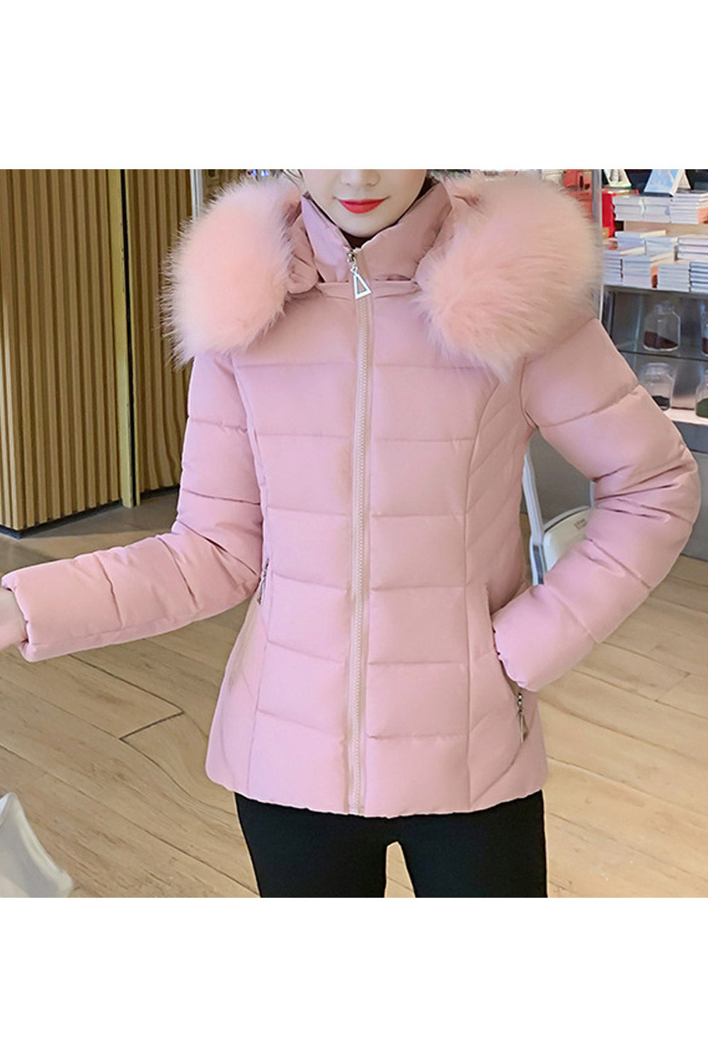 Women Tighly Stitched Solid Pattern Standup Collar Along Hood Warm Winter Padded Jacket