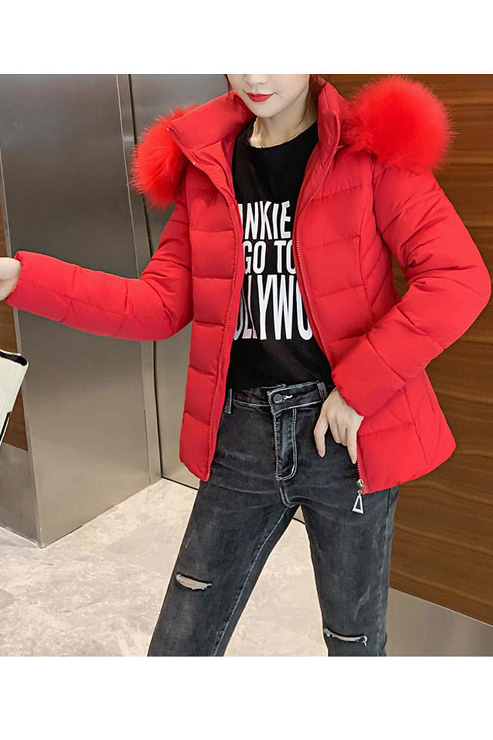 Women Tighly Stitched Solid Pattern Standup Collar Along Hood Warm Winter Padded Jacket