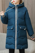 Women Lovely Drawstring Hooded Ribbed Cuff Flap Pockets Comfy Winter Padded Jacket