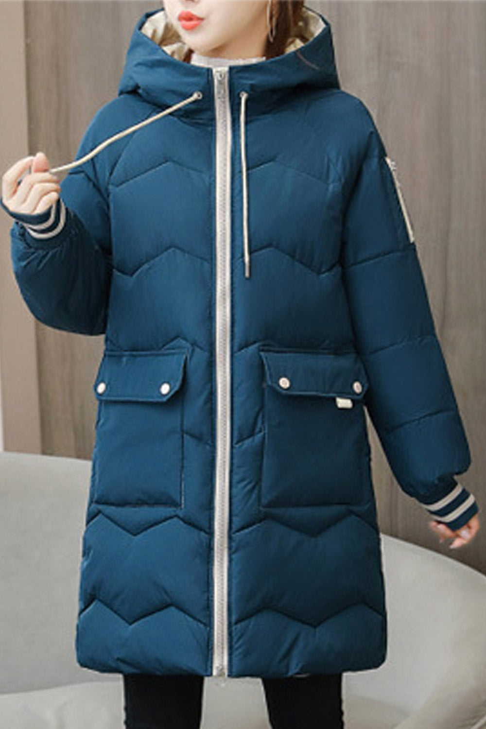 Women Lovely Drawstring Hooded Ribbed Cuff Flap Pockets Comfy Winter Padded Jacket