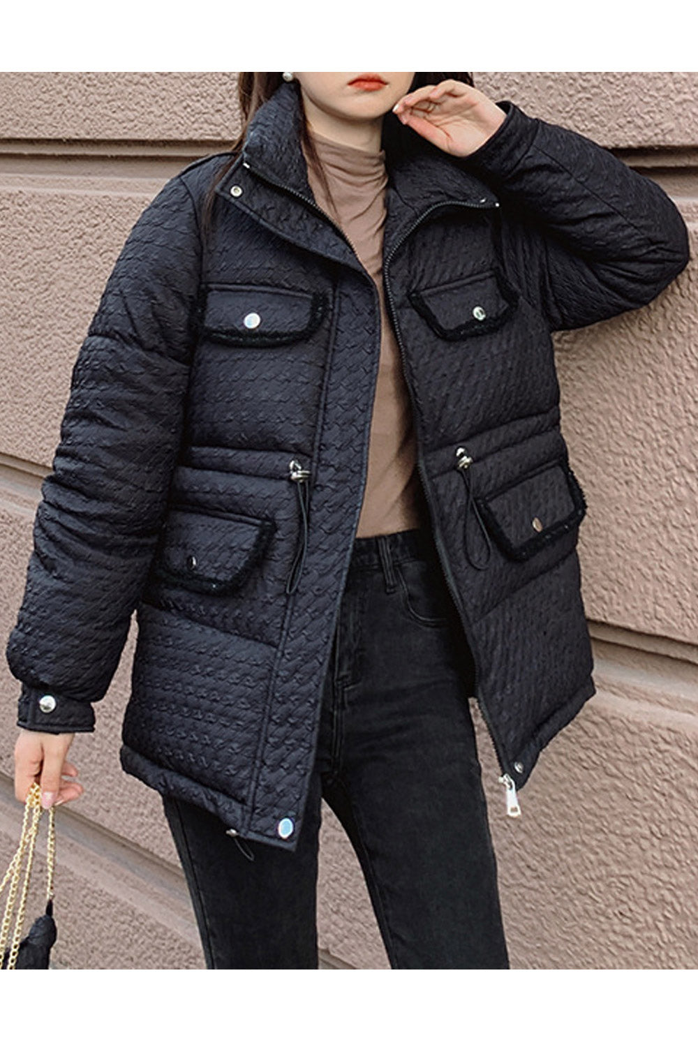 Women Superb Adjustable Waist Pockets Style Stand Collar Comfy Winter Padded Jacket
