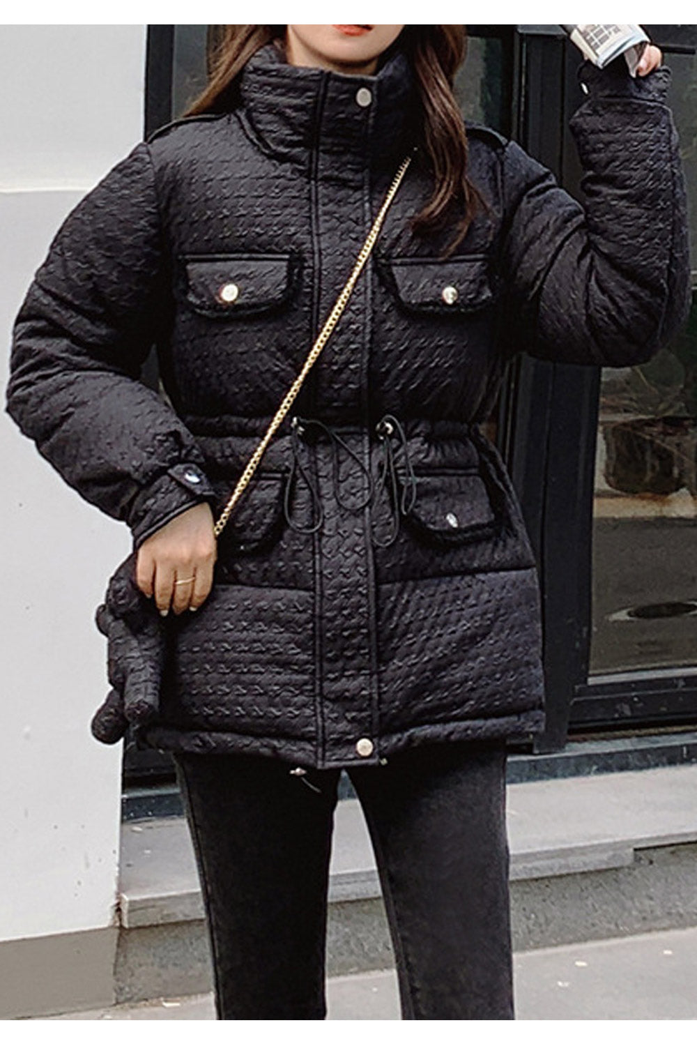 Women Superb Adjustable Waist Pockets Style Stand Collar Comfy Winter Padded Jacket