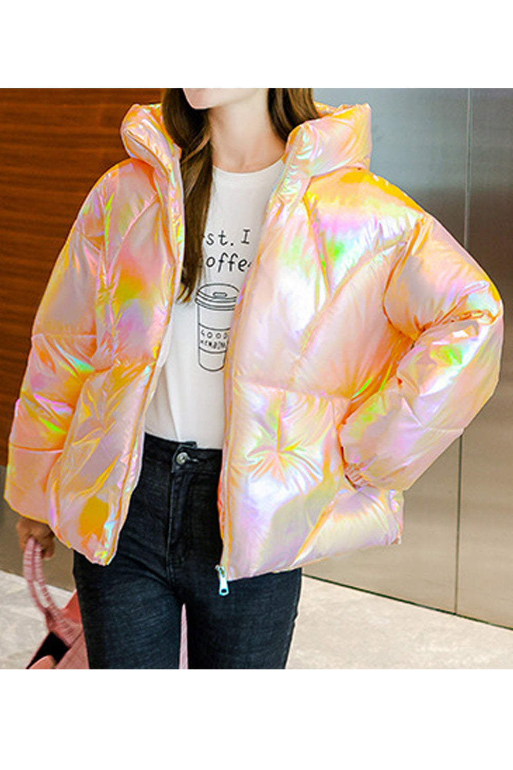 Women Beautiful Shiny Colored Stand Color Zipper Closure Lovely Comfy & Warm Winter Padded Jacket
