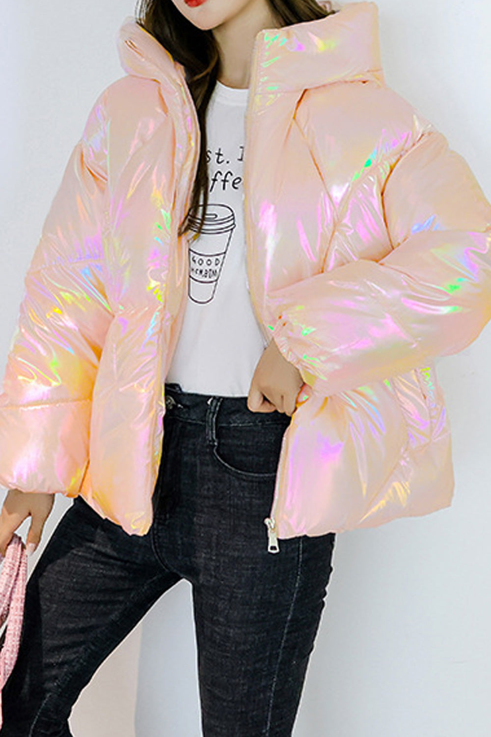Women Beautiful Shiny Colored Stand Color Zipper Closure Lovely Comfy & Warm Winter Padded Jacket