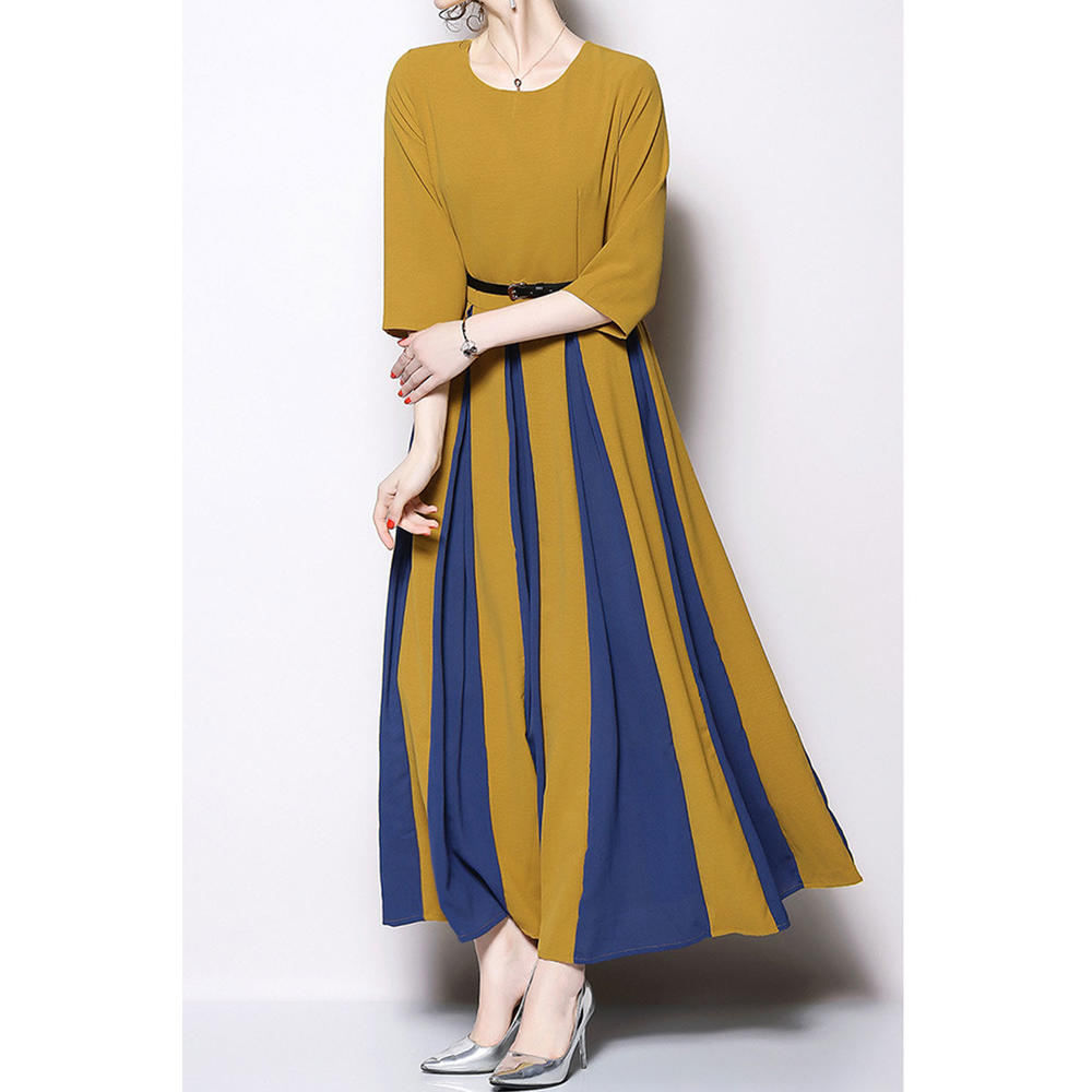 Women Round Neck Solid Color Stylish Swing Dress
