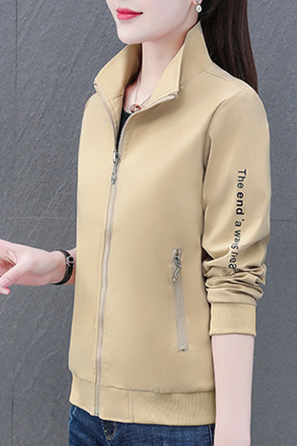 Women Attractive Stand Collar Neck Knitted Ribbed Cuff & Hem Winter Casual Jacket