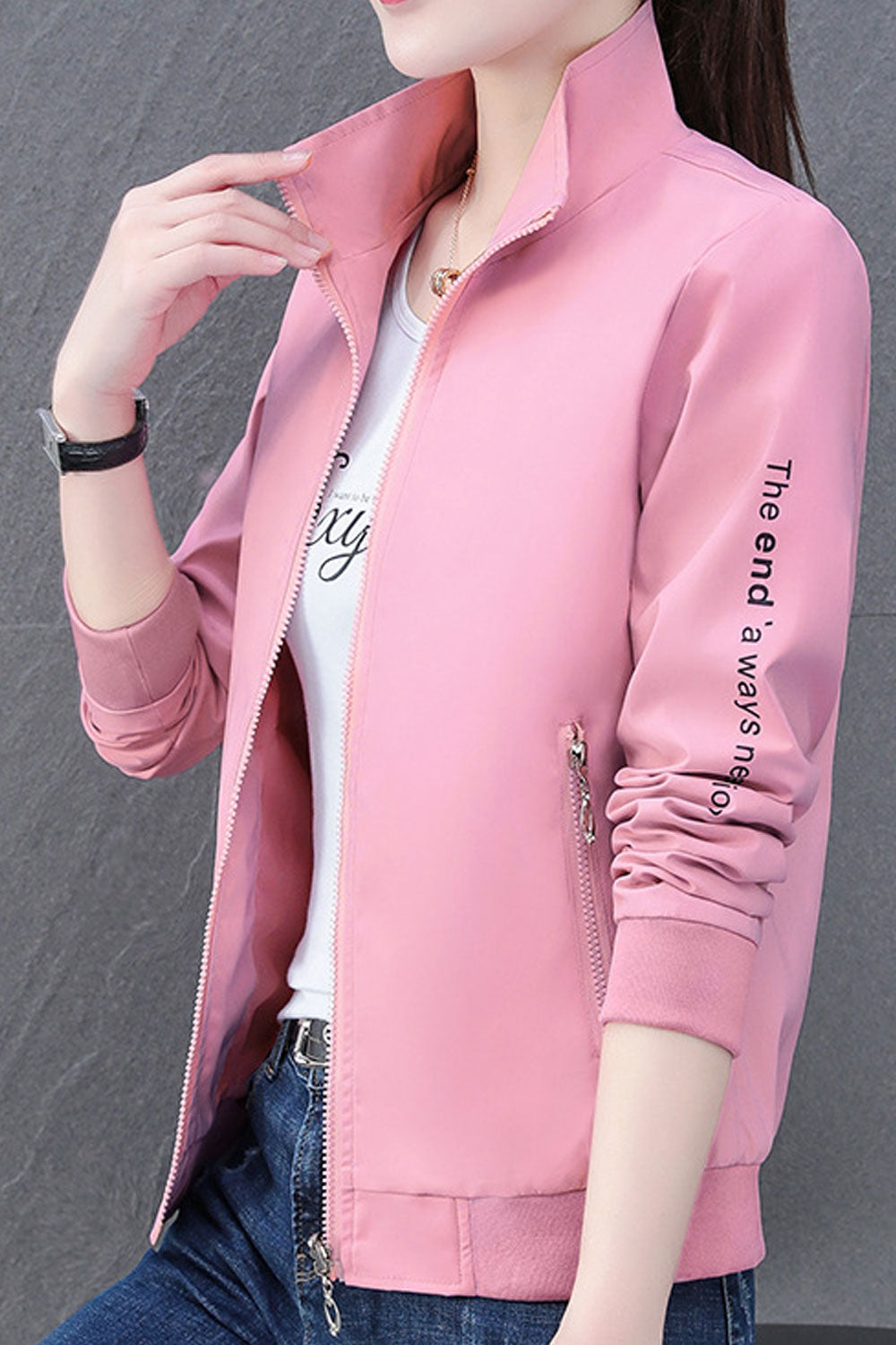 Women Attractive Stand Collar Neck Knitted Ribbed Cuff & Hem Winter Casual Jacket