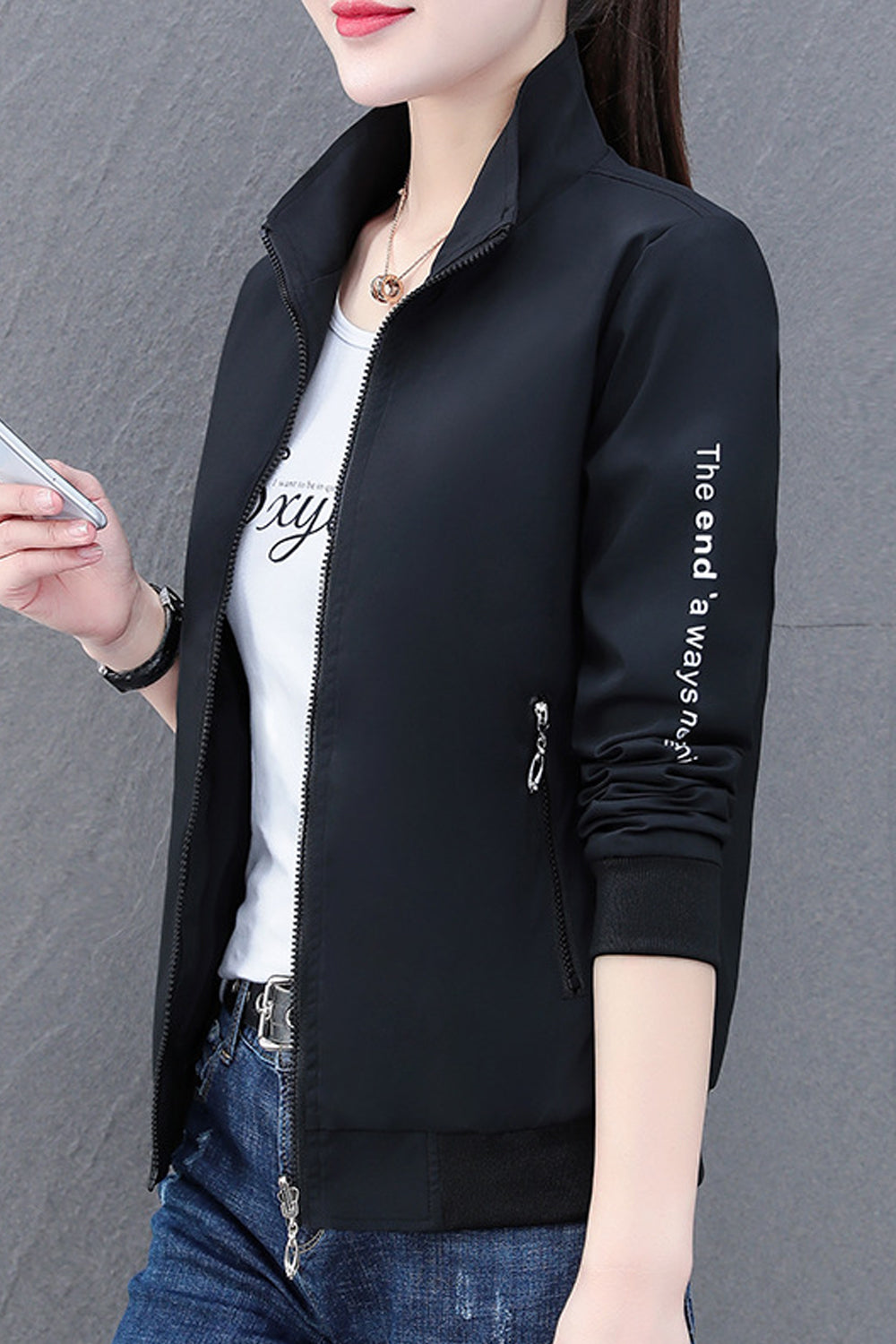 Women Attractive Stand Collar Neck Knitted Ribbed Cuff & Hem Winter Casual Jacket