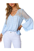 Women Sheer Flare Sleeves Transparent Lace Shirt