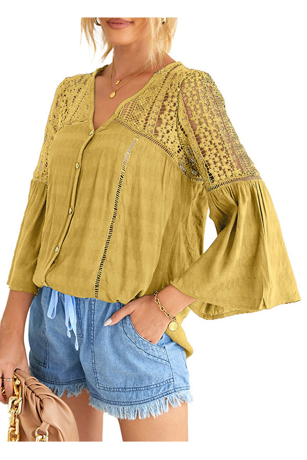 Women Sheer Flare Sleeves Transparent Lace Shirt