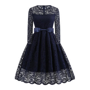 Women Round Neck Bow Waist Lace Dress