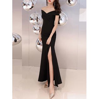 Women Tremendous Slim Fit Side Split Solid Colored Off-Shoulder Sleeve Fabulous Party Evening Maxi Dress
