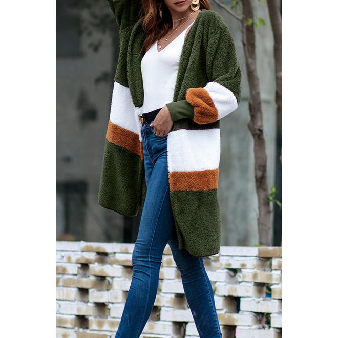 Women Knitted Thick Long Sleeve Deep V-Neck Superb Solid Pattern Flap Pockets Button Closure Warm Sweater