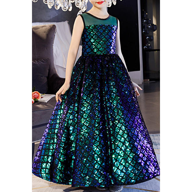 Kids Girls Sleeveless Shiny Birthday Party Dress