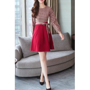 Women Plaid Top Solid Skirt Short Dress