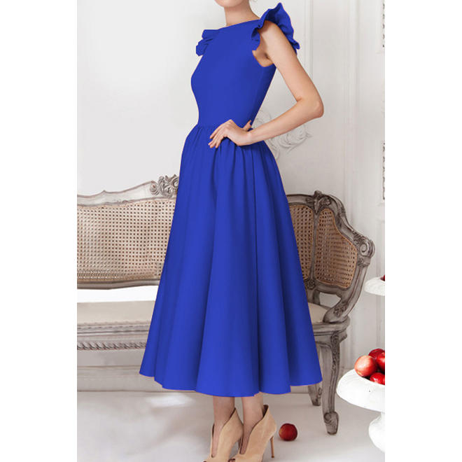 Women High Neck Ruffle Sleeve Pleated Swing Dress