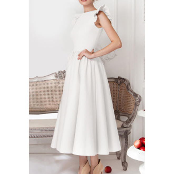 Women High Neck Ruffle Sleeve Pleated Swing Dress