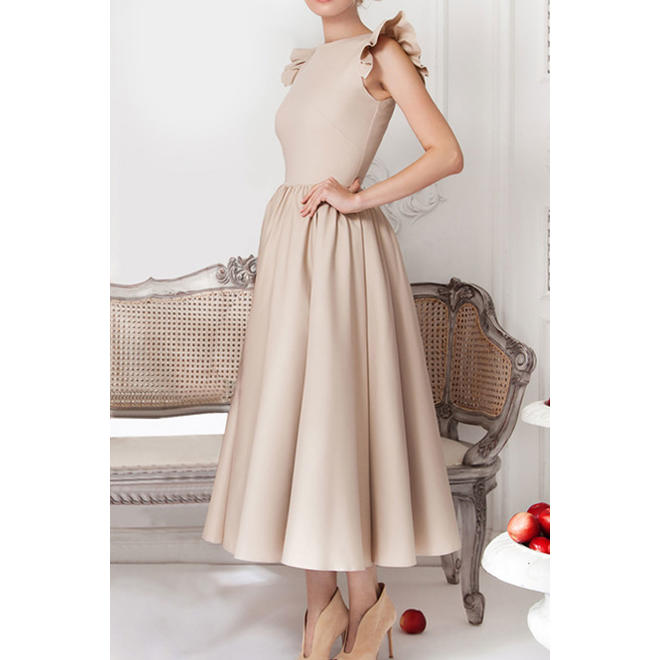 Women High Neck Ruffle Sleeve Pleated Swing Dress