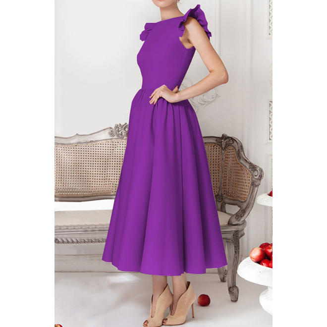 Women High Neck Ruffle Sleeve Pleated Swing Dress