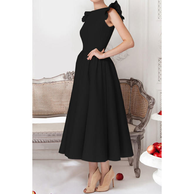 Women High Neck Ruffle Sleeve Pleated Swing Dress