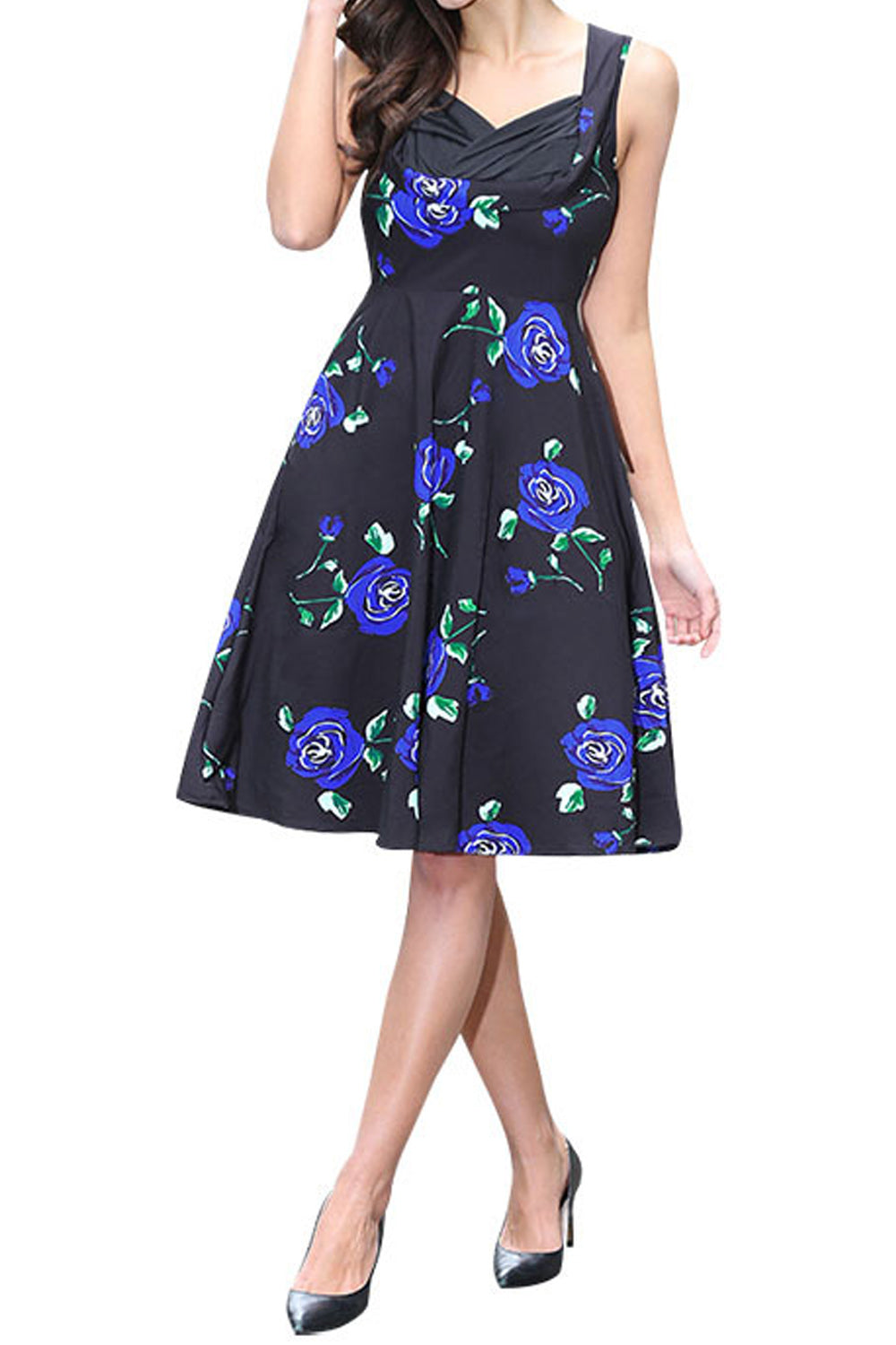 Women Smooth Lightweight Flower Pattern Summer Sleeveless A-Line Skirt Pretty Dress