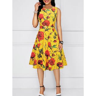 Women Flower Printed High Neck Halter Dress
