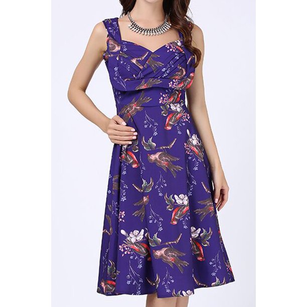 Women Lovely Bird Printed Sleeveless Mid Length Tremendous Dress