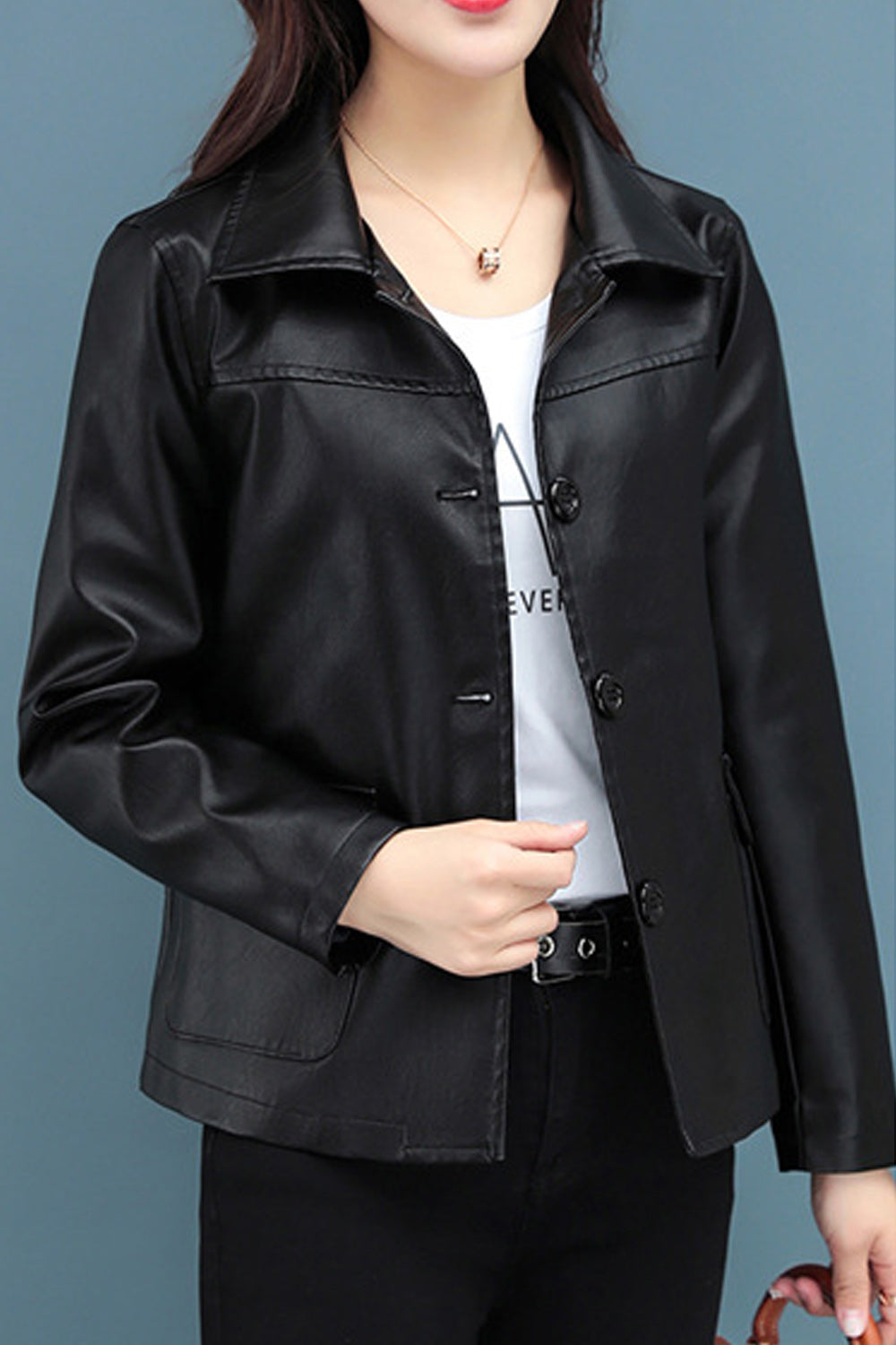 Women PU Leather Collar Neck Long Sleeve Easy Button Down Casual Jacket