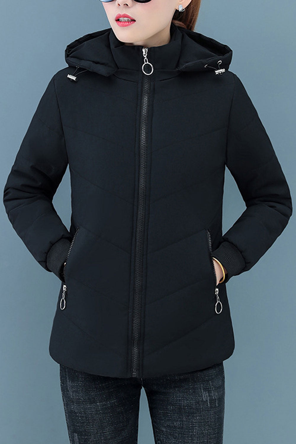 Women Impressive Hooded Neck Contrast Knitted Ribbed Cuff & Side Zip Pocket Slim Fit Warm Winter Padded Jacket