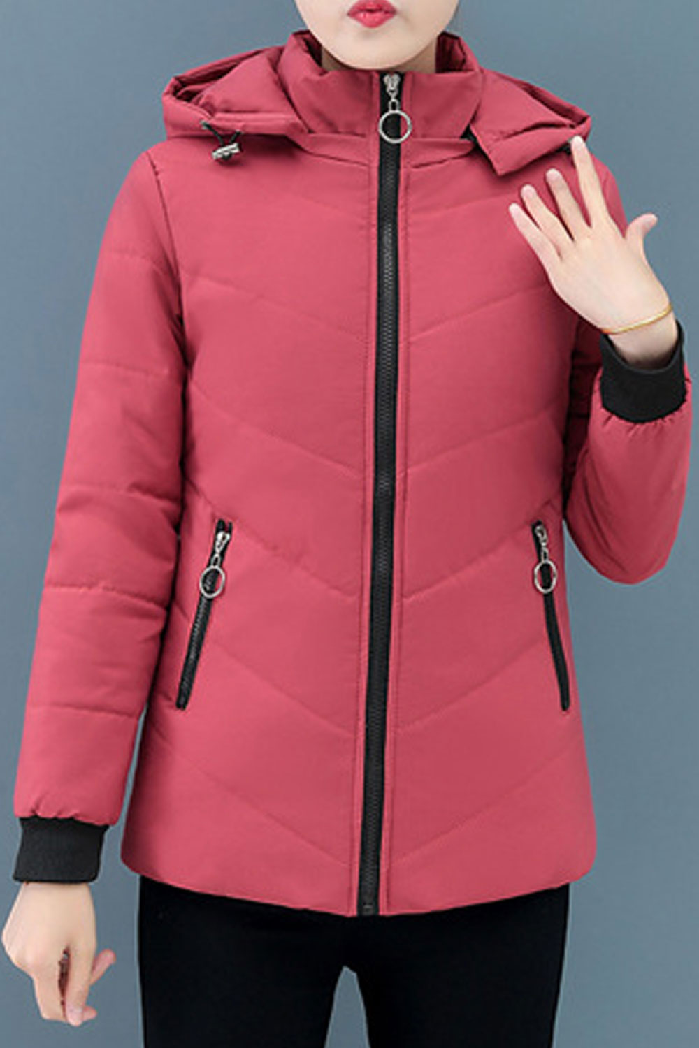 Women Impressive Hooded Neck Contrast Knitted Ribbed Cuff & Side Zip Pocket Slim Fit Warm Winter Padded Jacket
