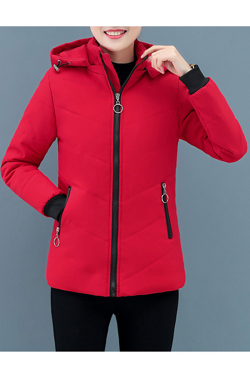 Women Impressive Hooded Neck Contrast Knitted Ribbed Cuff & Side Zip Pocket Slim Fit Warm Winter Padded Jacket