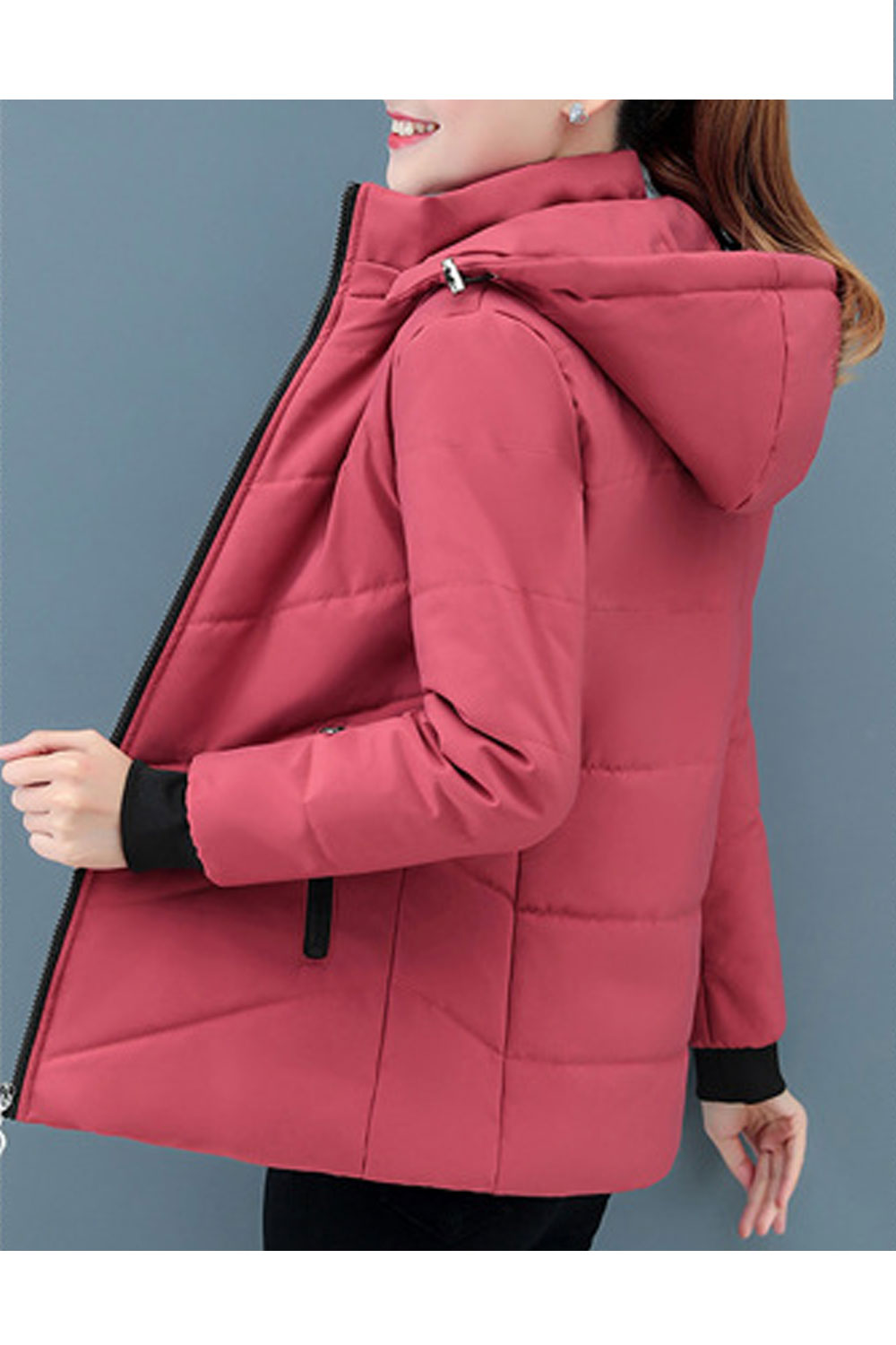 Women Impressive Hooded Neck Contrast Knitted Ribbed Cuff & Side Zip Pocket Slim Fit Warm Winter Padded Jacket