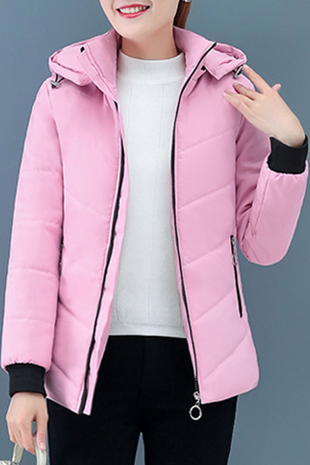 Women Impressive Hooded Neck Contrast Knitted Ribbed Cuff & Side Zip Pocket Slim Fit Warm Winter Padded Jacket
