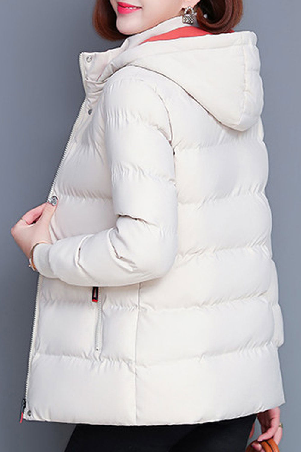 Women Inventive Hooded Neck Knitted Ribbed Cuff Contrast Side Zippered Pocket & Front Zip Fastener Cozy Winter Padded Jacket
