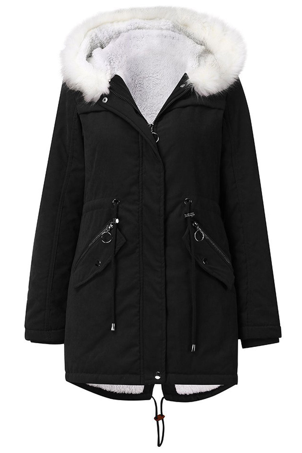 Women Blushing Fuzzy Contrast Hooded Neck Knitted Ribbed Cuff Drawstring Waist Flap Style Pocket Back Draw Cord Cozy Winter Padd