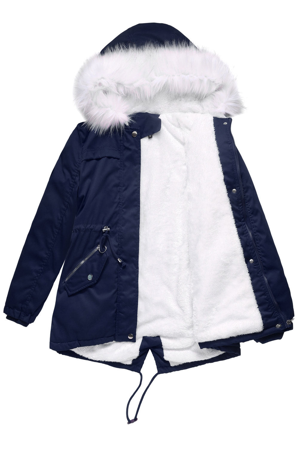 Women Blushing Fuzzy Contrast Hooded Neck Knitted Ribbed Cuff Drawstring Waist Flap Style Pocket Back Draw Cord Cozy Winter Padd
