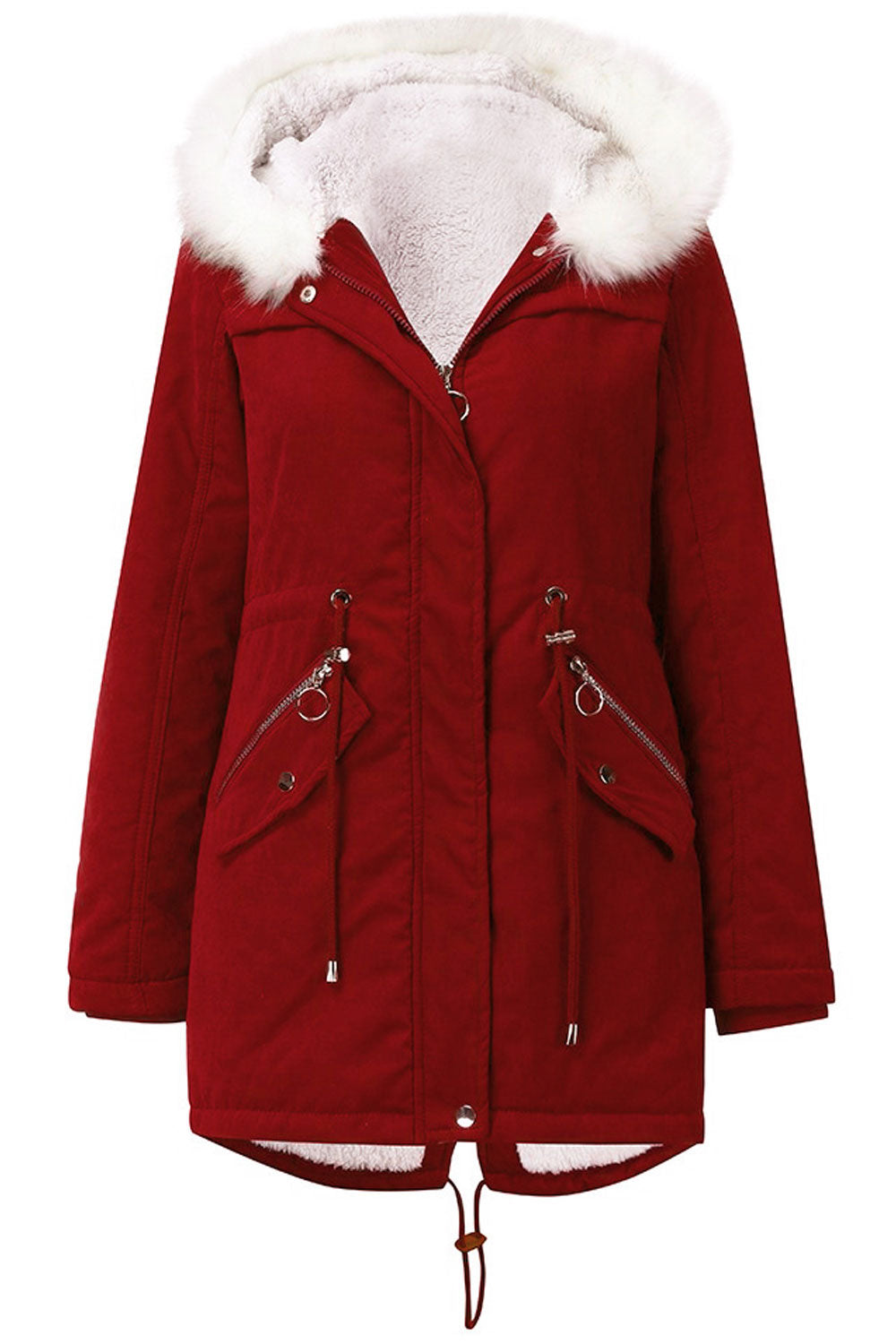Women Blushing Fuzzy Contrast Hooded Neck Knitted Ribbed Cuff Drawstring Waist Flap Style Pocket Back Draw Cord Cozy Winter Padd