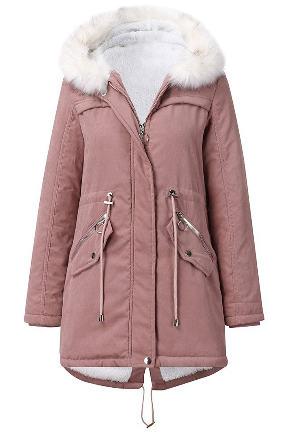 Women Blushing Fuzzy Contrast Hooded Neck Knitted Ribbed Cuff Drawstring Waist Flap Style Pocket Back Draw Cord Cozy Winter Padd