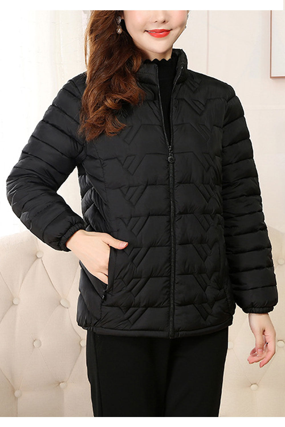 Women Captive Stand Collar Neck Font Zip Fastener Stretchable Cuff Side Pocket Geometric Baffle Styled Winter Padded Jacket