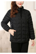 Women Captive Stand Collar Neck Font Zip Fastener Stretchable Cuff Side Pocket Geometric Baffle Styled Winter Padded Jacket