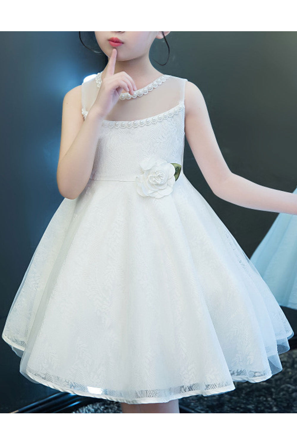 Kids Girls Sleeveless Style Flower Decorated Waist Thin Round Neck Beautiful Dress