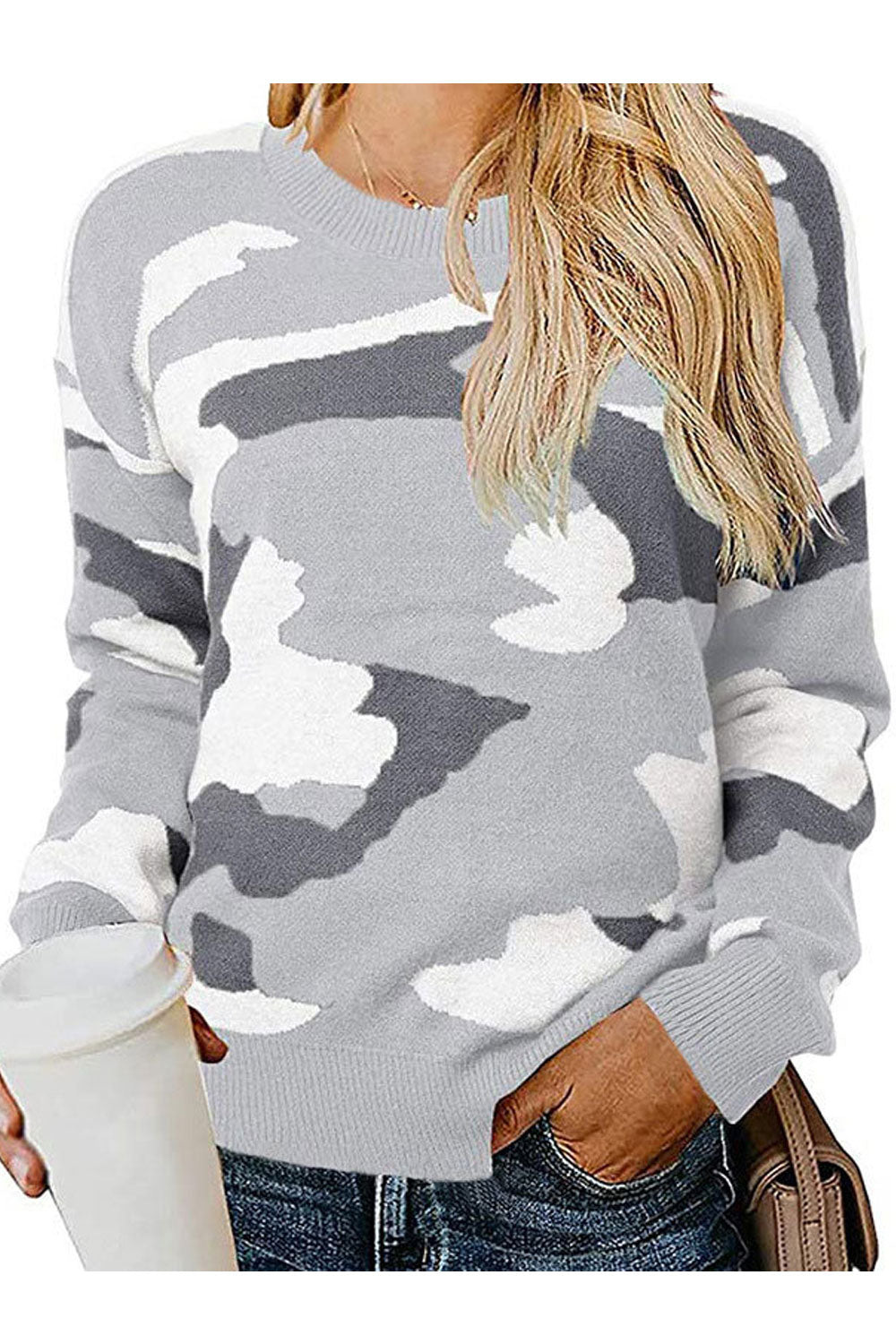 Women Fashionable Camouflage Printed Round Neck Pullover Warm Winter Sweater