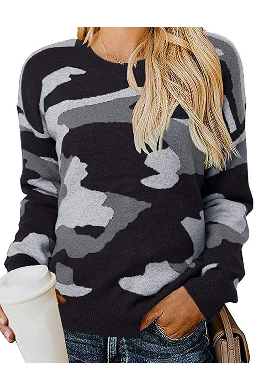 Women Fashionable Camouflage Printed Round Neck Pullover Warm Winter Sweater